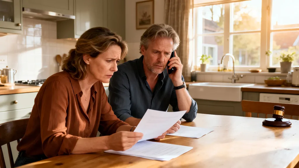 Stel aan eettafel met juridische documenten