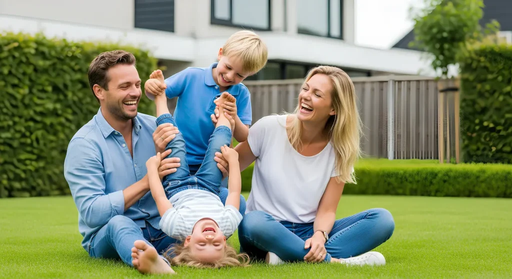 gezin in achtertuin