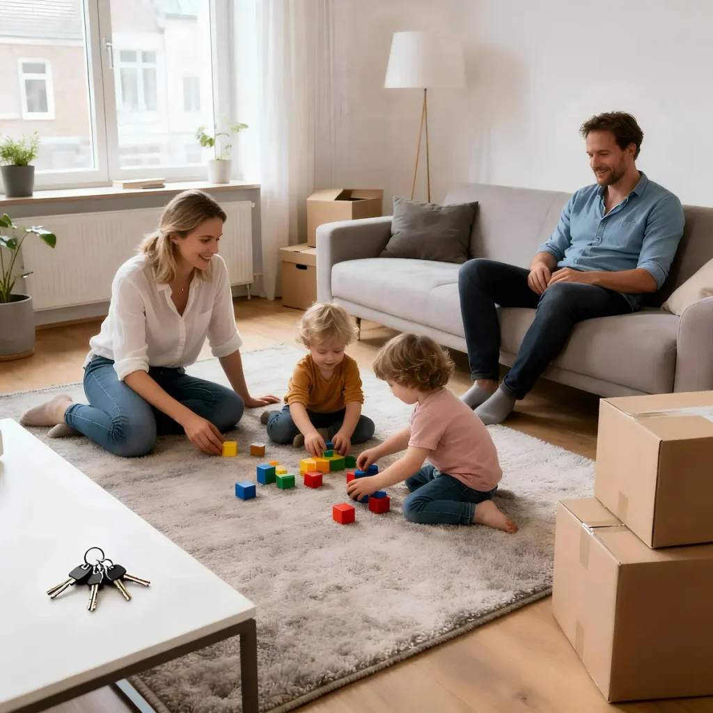 gezin spelend in woonkamer