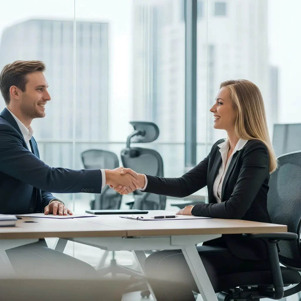 recruiter schud hand met sollicitant