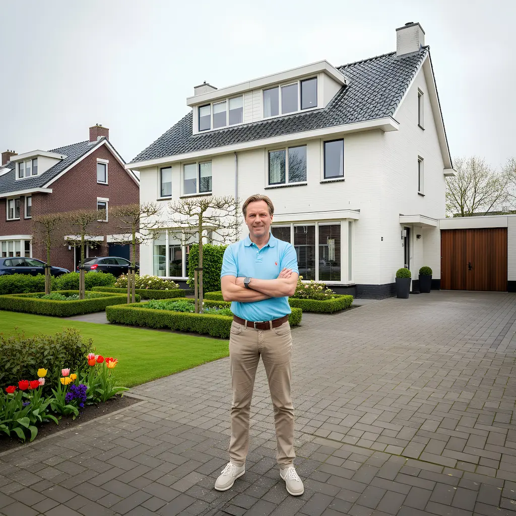 man voor zijn twee-onder-een-kap woning