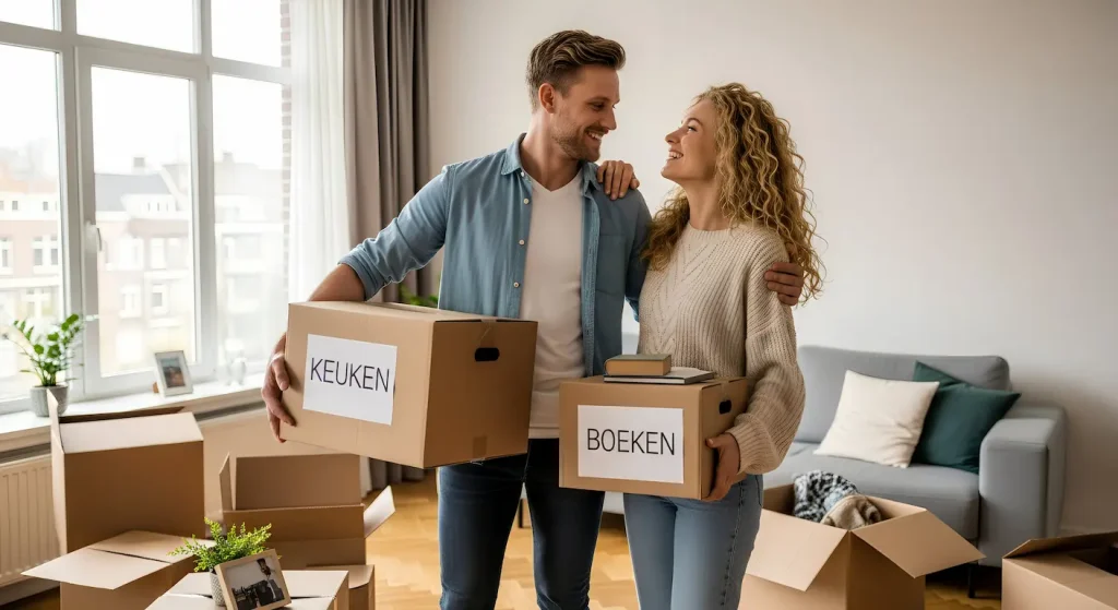 koppel met verhuisdozen in nieuwe huis