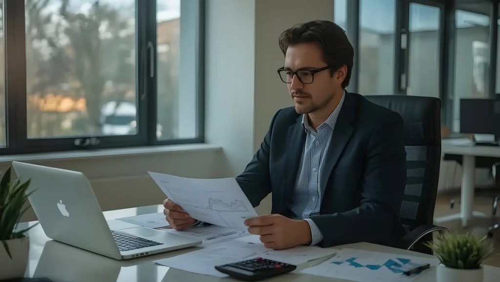 ondernemer met notaris documenten aan bureau