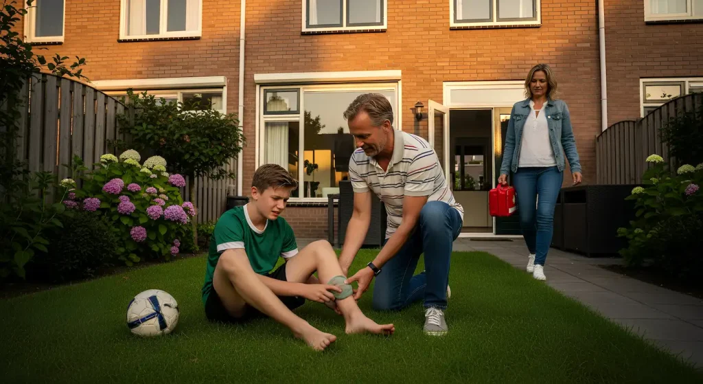 Jongen ongeval in tuin, ouders verzorgen hem