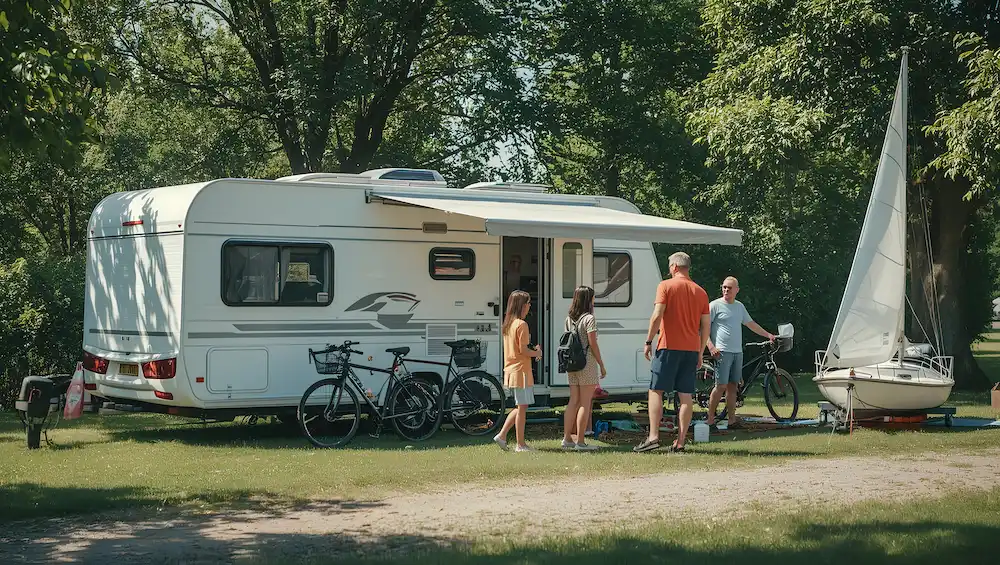 Caravan met gezin en een boot op camping