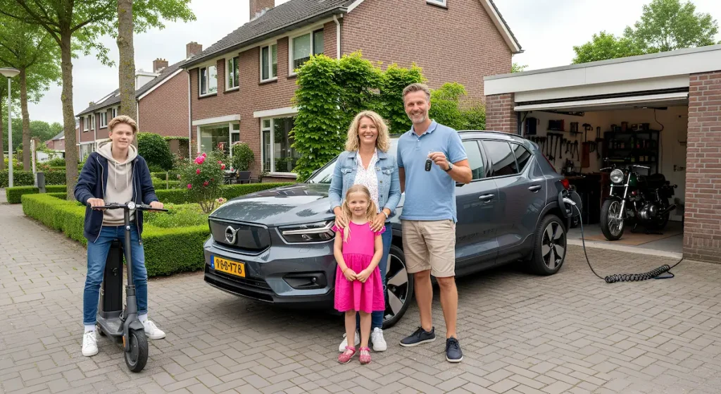 Gezin voor huis met voertuigen