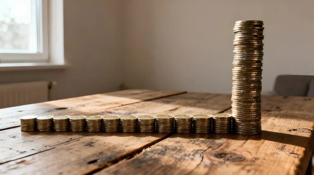 munten zelfde hoogte met een stapel op het eind