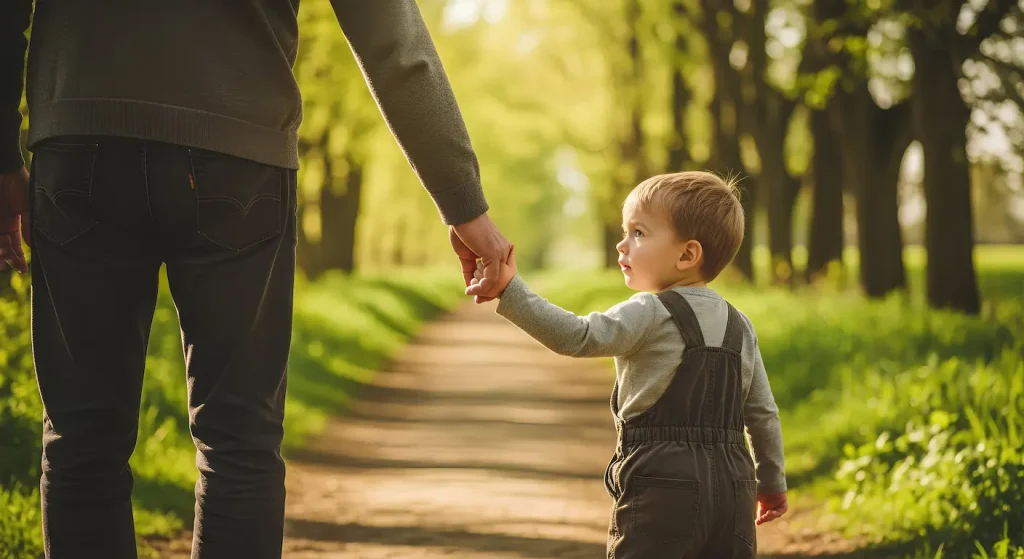 vader houdt hand kind vast in bospad