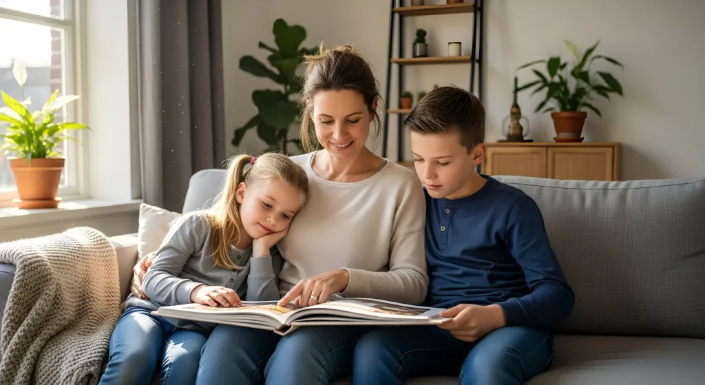 moeder met kinderen op bank