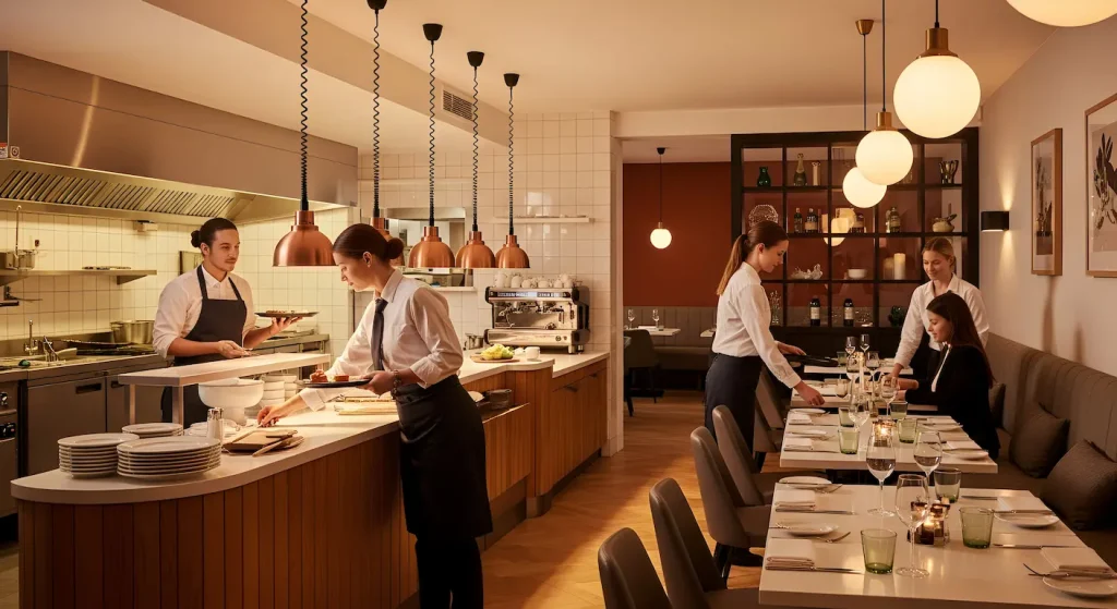 restaurant met personeel en een klant