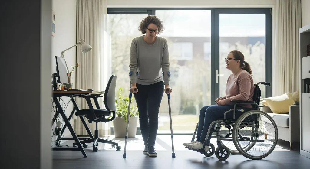 Werknemer op krukken met familielid in rolstoel