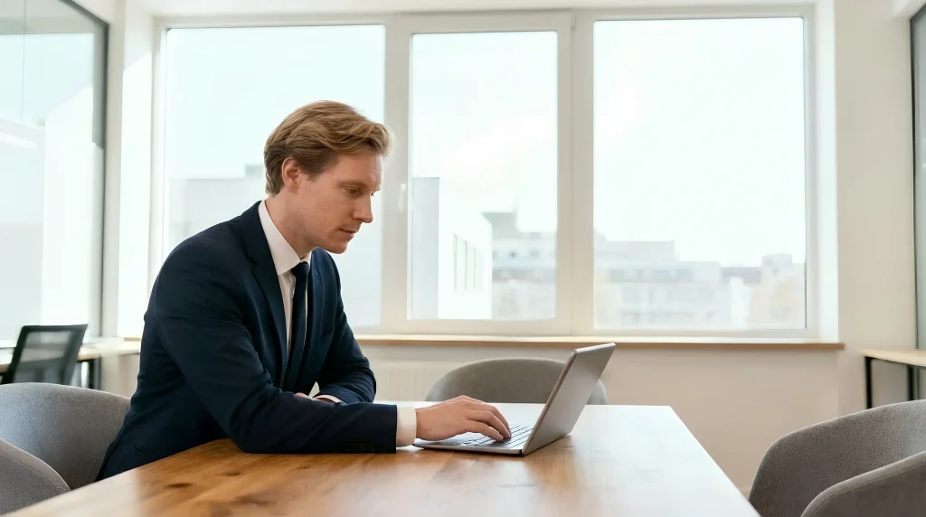 Adviseur op laptop implementeert advies